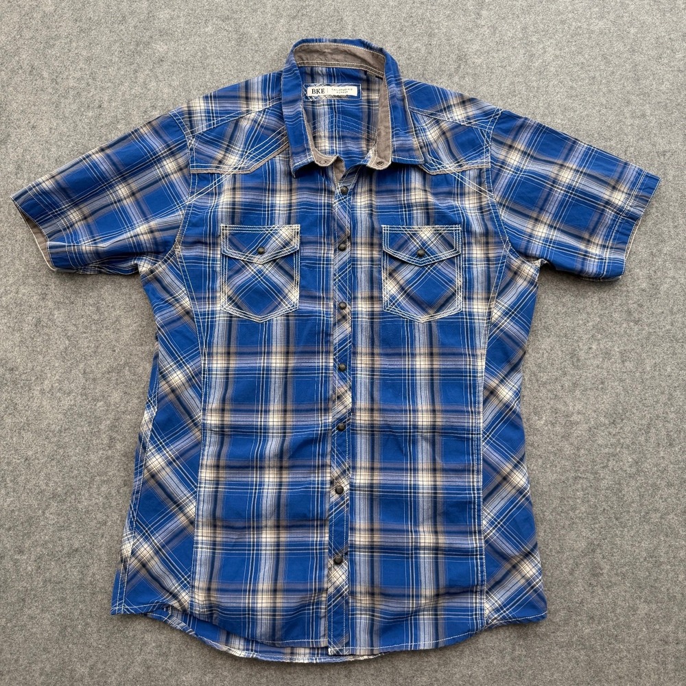 BKE Men's Blue Plaid Tailored Fit Short Sleeve Western Snap Shirt XLarge